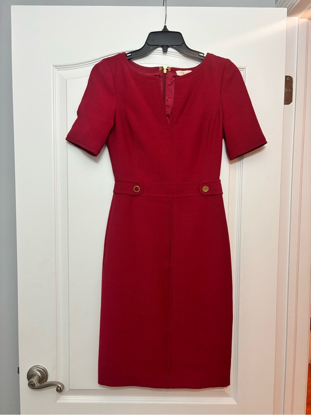 Tory Burch Crimson Short-Sleeve Midi Sheath Dress